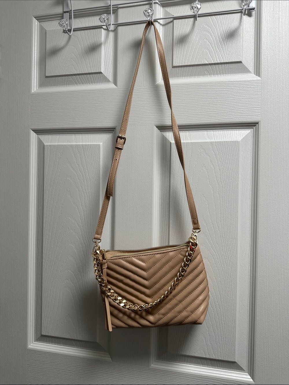 JustFab Quilted Tan Crossbody with Gold Chain
